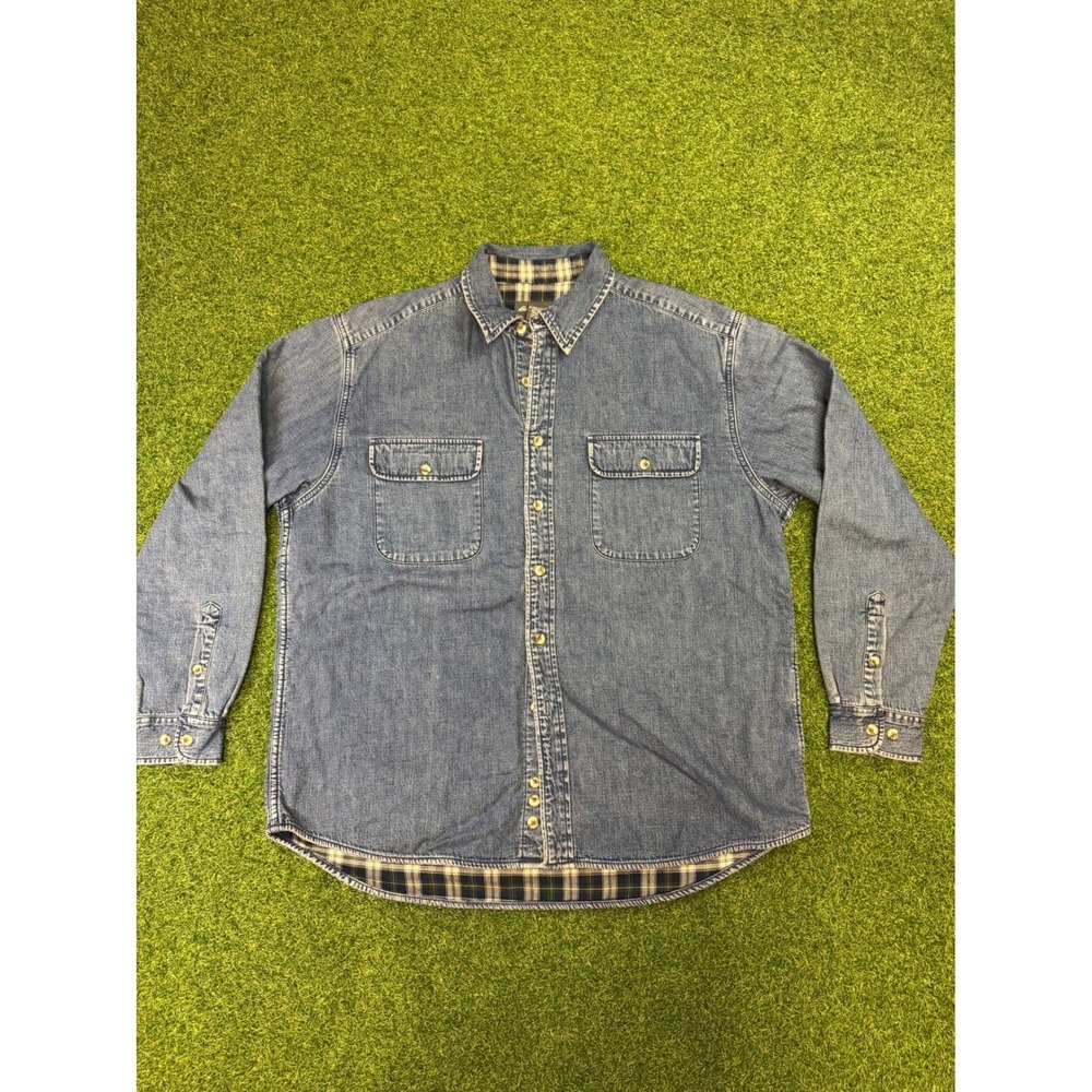 Eddie Bauer Mens Large Denim Flannel Lined Shirt Blue Long Sleeve Button Down
